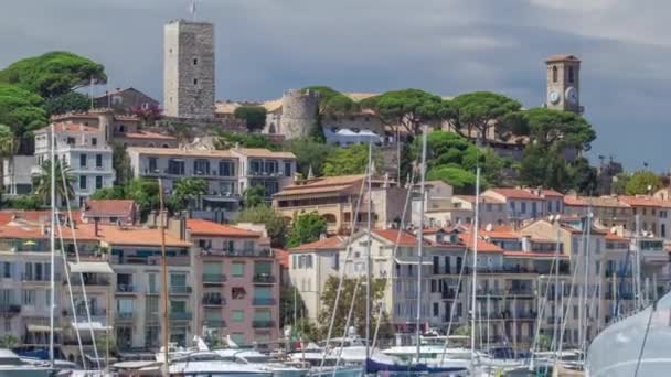 View of medieval Castre Castle and harbor with yachts timelapse. — Stock Video