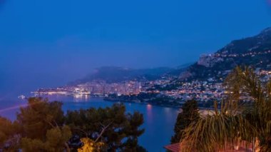Cityscape gün timelapse, yaz güneş doğmadan önce Monako için Monte Carlo gecesi.