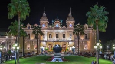 Monte Carlo gecesi timelapse, Monaco Grand Casino. Tarihi bina