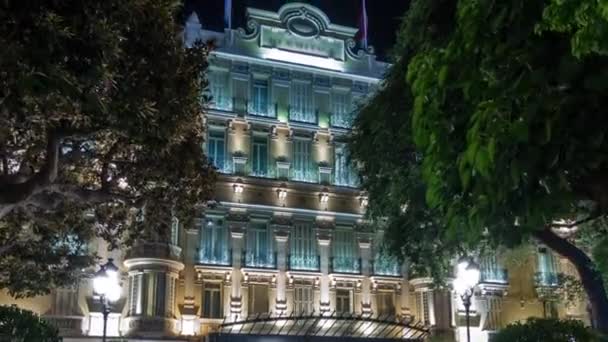A Hotel Hermitage Monte Carlo éjszaka timelapse hyperlapse, Monaco. — Stock videók
