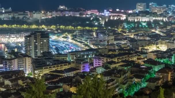 Gród z Monte Carlo, Monako noc timelapse z dachów budynków i ruchu na drogach. — Wideo stockowe