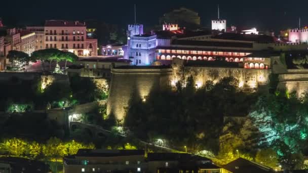 Πρίγκιπες παλάτι του Μονακό φωτίζεται από εναέρια timelapse νύχτα από την κορυφή — Αρχείο Βίντεο