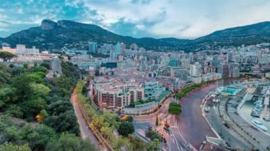 Gece timelapse Monte Carlo gün Monaco Köyü yakınlarındaki Port Herkül gözlem güverteden Panoraması