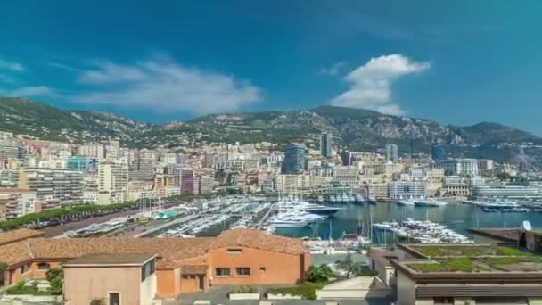 Monte Carlo stad luchtfoto panorama timelapse hyperlapse. Port Hercule vanaf het begin. — Stockvideo