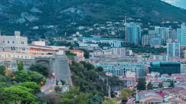 Panorama de Monte Carlo día a noche timelapse desde la plataforma de observación en el pueblo de Mónaco, cerca de Port Hércules — Vídeos de Stock