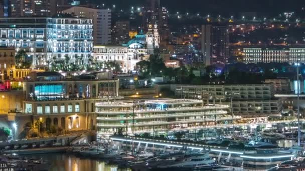 Панорама Монте-Карло timelapse вночі з оглядового майданчика в с. Монако, з порту Геркулес. — стокове відео