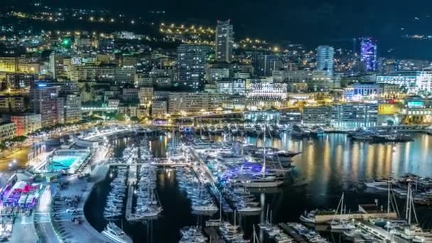 Panorama of Monte Carlo timelapse at night from the observation deck in the village of Monaco with Port Hercules. — Stock Video