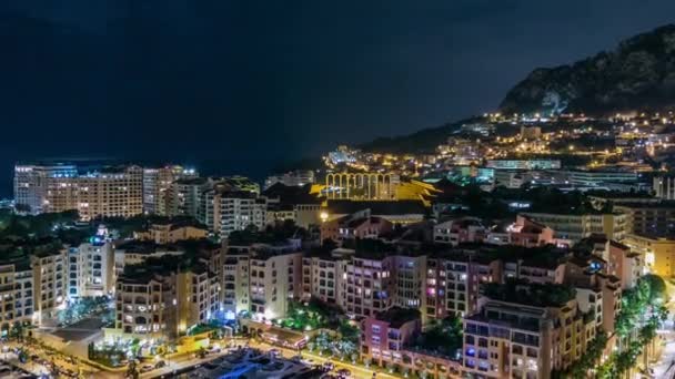 Vista panorámica del timelapse nocturno de Fontvieille - nuevo distrito de Mónaco . — Vídeo de stock