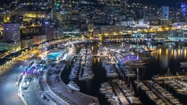 Panorama av Monte Carlo timelapse hyperlapse på natten från observationsdäcket i byn Monaco — Stockvideo