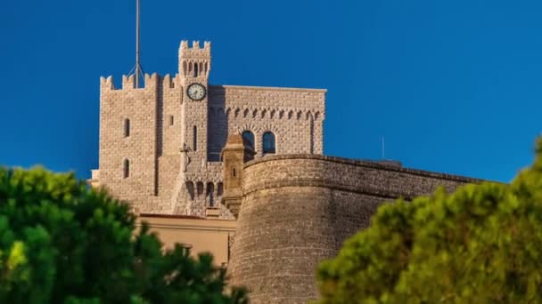 Княжеский дворец Монако освещен ранним утром. Резиденция князя Монако. — стоковое видео