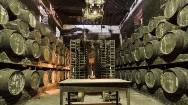 Barils dans la cave à vin avec table et bougie dessus, Portugal timelapse — Video