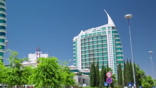 Modern buildings in Park of Nations in Lisbon, Portugal timelapse hyperlapse — Stock Video