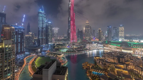 Skyscrapers Rising Dubai Downtown Night Timelapse Mall Fountain Surrounded Modern — 스톡 사진