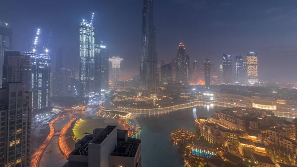 Flygfoto Över Dubai City Tidigt Morgonen Dimma Natt Till Dag — Stockfoto
