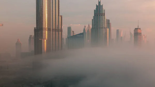 Aerial View Dubai City Early Morning Fog Timelapse Sunrise Futuristic — Stock Photo, Image