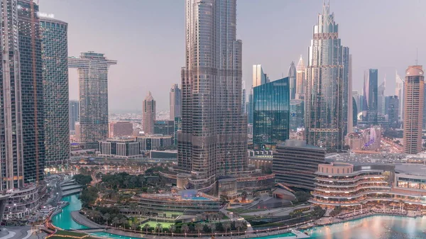 Vista Aérea Cidade Dubai Dia Noite Transição Timelapse Centro Cidade — Fotografia de Stock