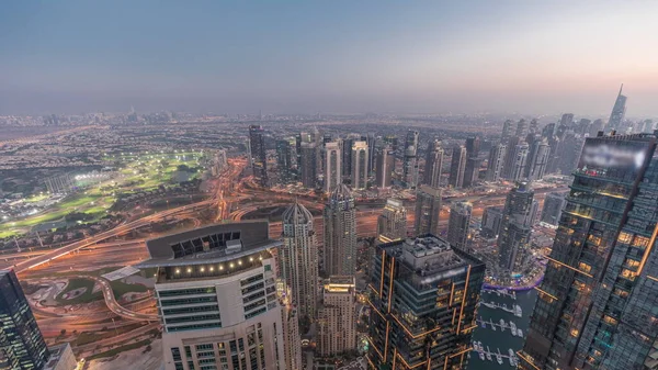 Панорама Дубая Марина Jlt Skyscrapers Поле Гольфу День Ніч Перехід — стокове фото