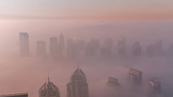 Fog Covered Jlt Skyscrapers Marina Towers Sheikh Zayed Road Aerial — Stock Photo, Image