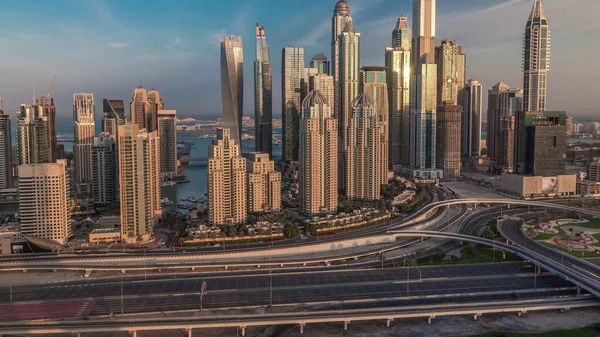 Dubai Marina Motorväg Korsning Spaghetti Korsning Morgon Timelapse Högsta Skyskrapor — Stockfoto