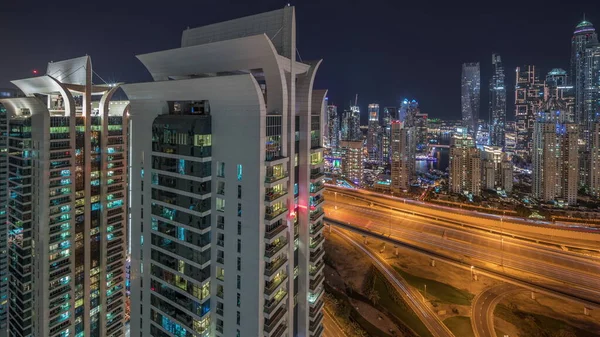 Panorama Dubai Marina Mostrando Estrada Cruzamento Espaguete Junção Noite Timelapse — Fotografia de Stock