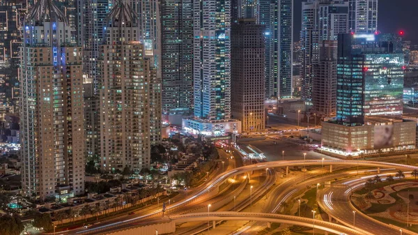 Widok Lotu Ptaka Duże Skrzyżowanie Autostrad Dubai Marina Wieżowcami Okolicy — Zdjęcie stockowe