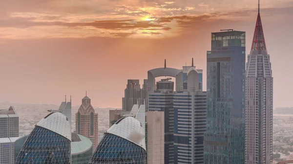 Coucher Soleil Sur Centre Financier Dubaï Avec Des Gratte Ciel — Photo