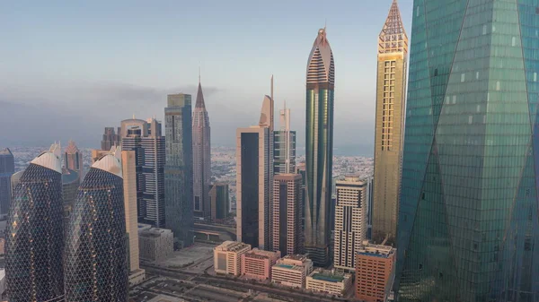 Financial Center Dubai City Luxury Skyscrapers Big Parking Morning Timelapse — Stock Photo, Image