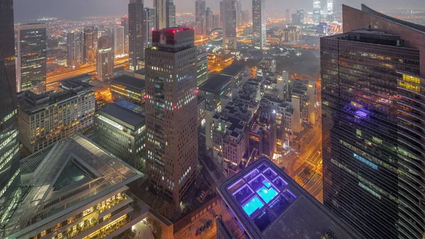 Panorama Rascacielos Futuristas Centro Negocios Del Distrito Financiero Dubai Camino —  Fotos de Stock