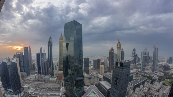 Panorama Futuristic Skyscrapers Sunset Financial District Business Center Dubai Sheikh — Stock Photo, Image