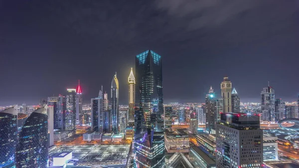 Panorama Rascacielos Futuristas Centro Negocios Del Distrito Financiero Dubai Carretera —  Fotos de Stock