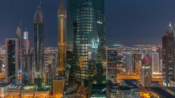 Centro Financiero Ciudad Dubai Con Rascacielos Lujo Iluminados Noche Día — Foto de Stock