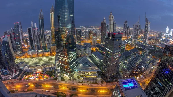 Panorama Futuristischer Wolkenkratzer Geschäftszentrum Des Finanzdistrikts Dubai Mit Tag Nacht — Stockfoto