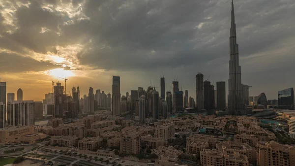 Puesta Sol Sobre Dubai Centro Timelapse Con Más Alto Rascacielos — Foto de Stock
