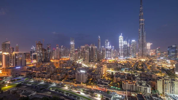 Dubai Downtown Night Day Transition Timelapse Med Reflektioner Över Den — Stockfoto