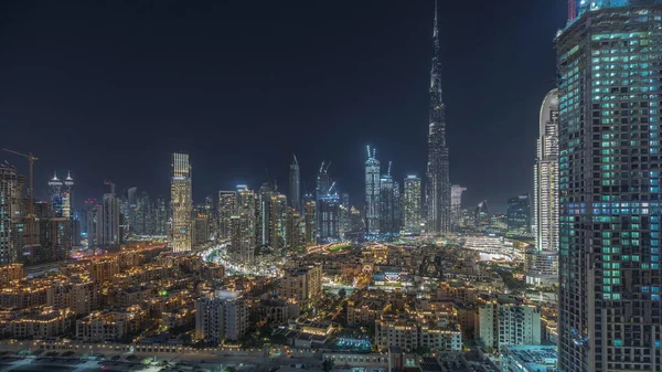 Panorama Widokiem Dubaj Centrum Miasta Zatokę Biznesową Nocy Timelapse Najwyższym — Zdjęcie stockowe