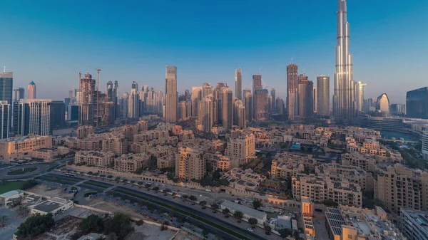 Dubai Downtown Reggeli Panoráma Időapszis Nap Tükröződik Legmagasabb Felhőkarcoló Más — Stock Fotó