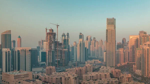 Ділова Вежа Дубая Повітряний Ранковий Таймелапс Вигляд Даху Деяких Хмарочосів — стокове фото