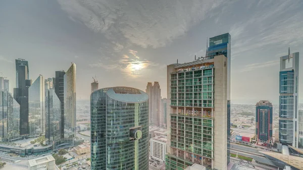 Sunset Felett Dubai Nemzetközi Pénzügyi Központ Felhőkarcolók Légi Időbeosztás Panorámás — Stock Fotó