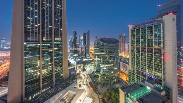 Міжнародний Фінансовий Центр Дубай Здійснює Повітряний Перехід Ночі День Панорамний — стокове фото