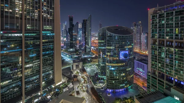 Dubaj Mezinárodní Finanční Centrum Mrakodrapy Letecké Celou Noc Timelapse Osvětlené — Stock fotografie