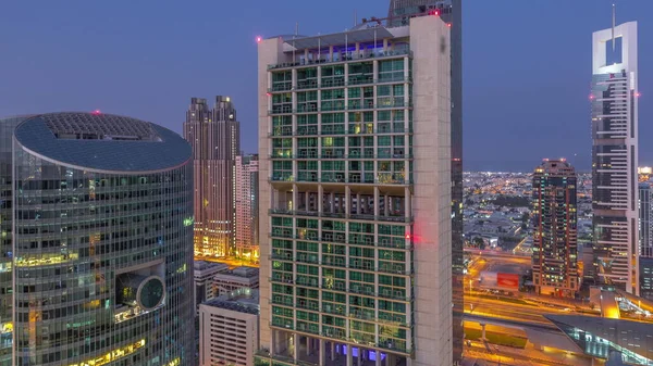 Dubai International Financial Center Skyscrapers Aerial Night Day Transition Timelapse — Stock Photo, Image