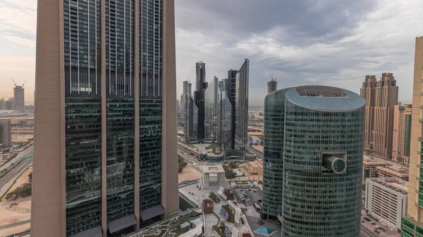 Панорама Показує Міжнародний Фінансовий Центр Дубаї Хмарочоси Променадою Проспекті Проспекту — стокове фото
