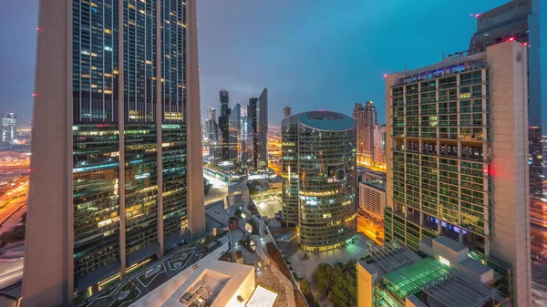 Dubai Centro Financiero Internacional Rascacielos Panorama Aéreo Noche Día Timelapse — Foto de Stock