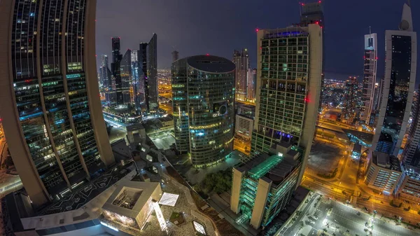 Panorama Dubai International Financial Center Skyscrapers Aerial Night Day Transition — Stock Photo, Image