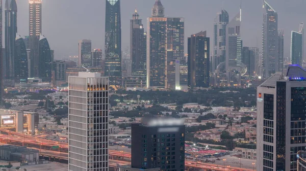 Filas Rascacielos Distrito Financiero Dubai Día Aéreo Noche Timelapse Transición —  Fotos de Stock