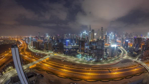 Skyline Panorámico Dubai Con Bahía Negocios Distrito Céntrico Noche Día —  Fotos de Stock