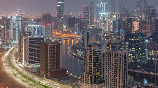 Skyline Avec Architecture Moderne Baie Affaires Dubaï Illuminé Tours Nuit — Photo