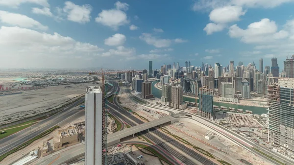 Panorama Que Muestra Horizonte Dubai Con Bahía Negocios Timelapse Del —  Fotos de Stock