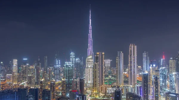 Панорамний Горизонт Дубая Центрі Міста Діловою Бухтою Району Нічний Таймелапс — стокове фото