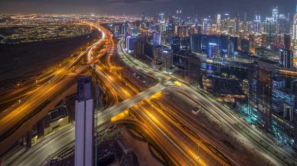Panorama Que Muestra Horizonte Dubái Con Bahía Negocios Timelapse Noche —  Fotos de Stock